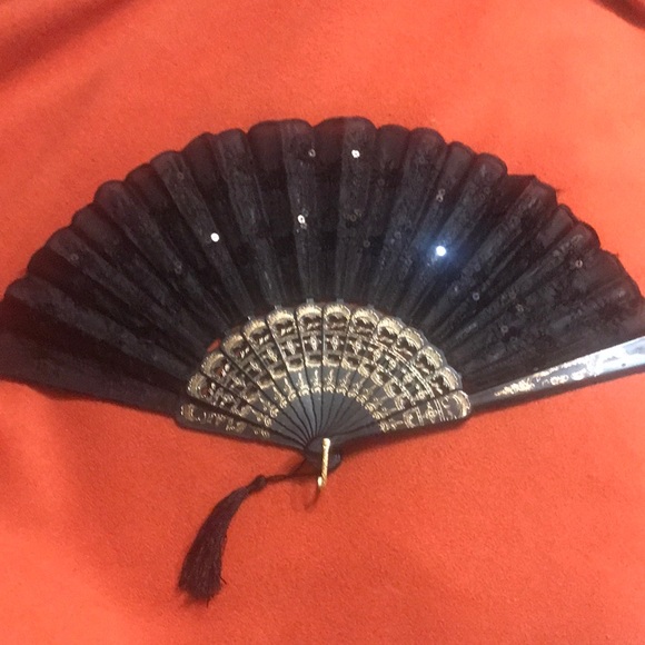 Japanese Hand Embroidered Black Hand Fan with Gold detailing - Picture 1 of 7